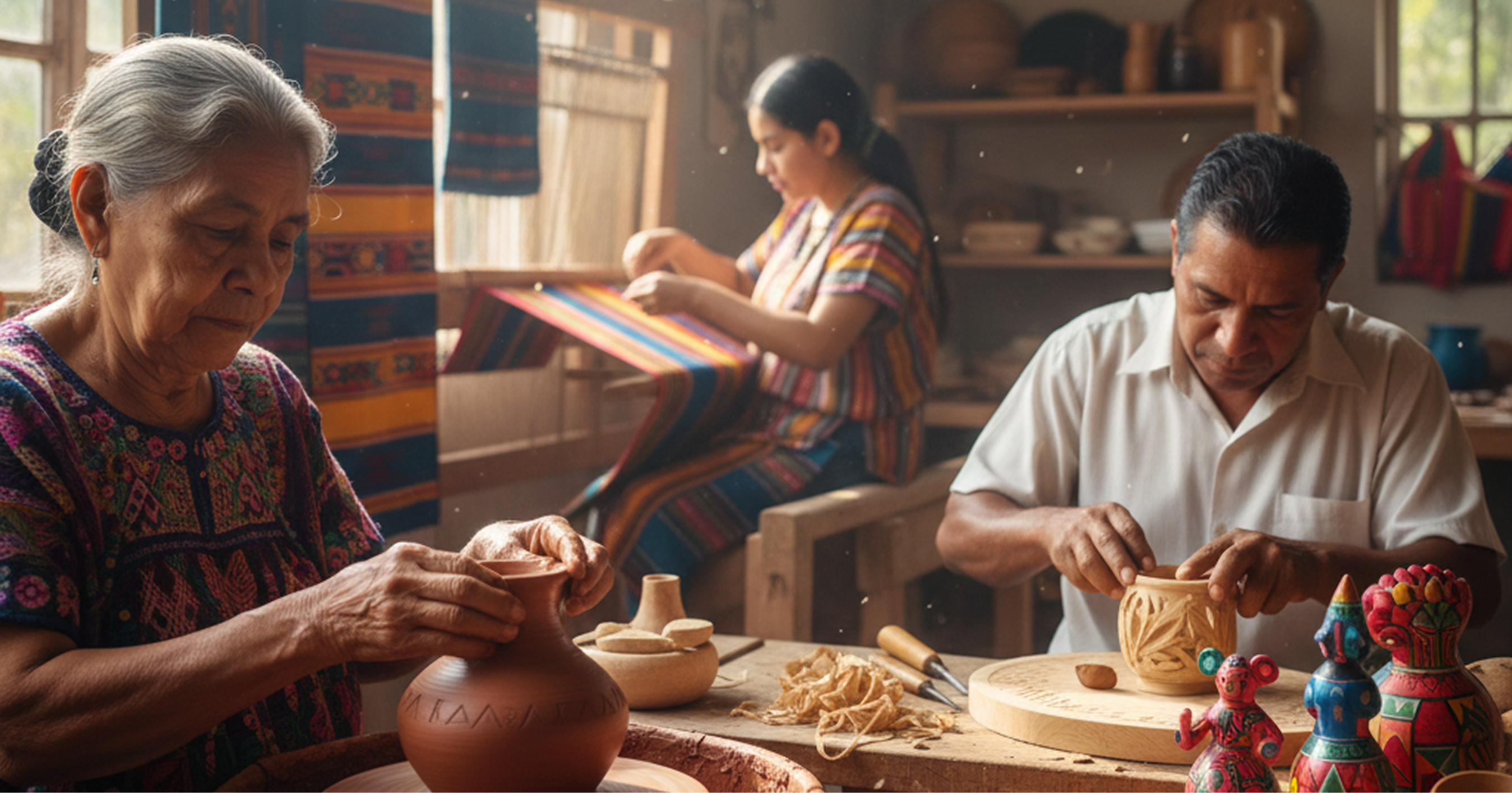 artesanos creando productos a mano, telares, barro, madera y materiales naturales